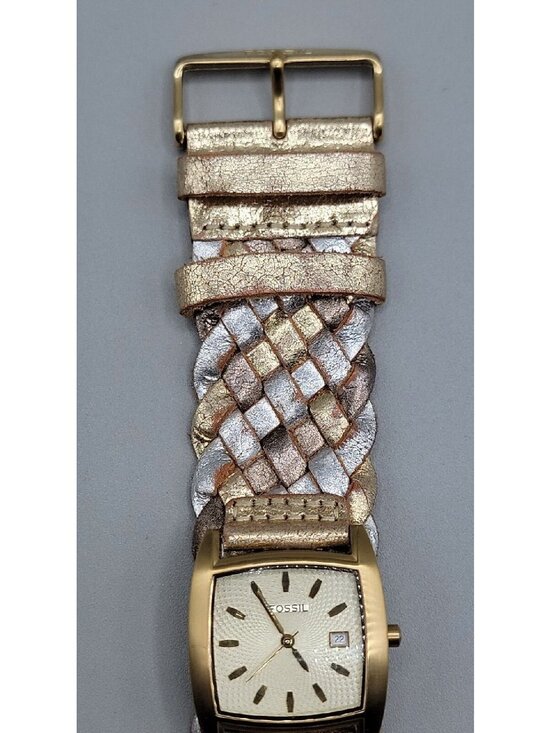 Vintage Fossil Ladies JR9017 Square Watch Date Window Woven Leather Band  8\